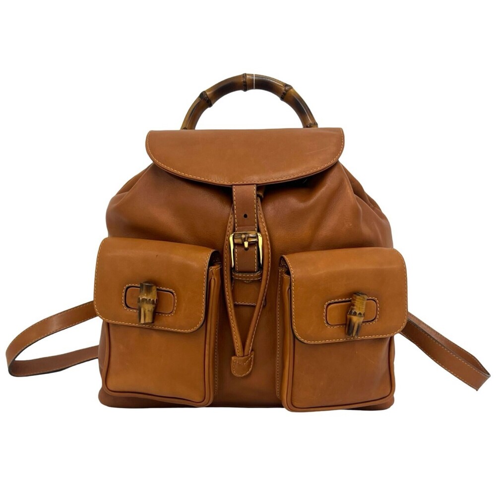 GUCCI Vintage Bamboo Leather Backpack (Brown, 64936)